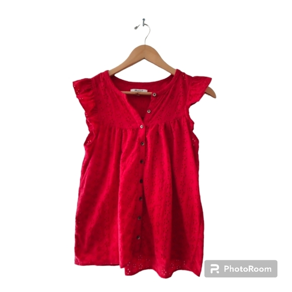 🍒 Madewell Red Eyelet Ruffle-Sleeve Bib Top . Size XXS - Picture 7 of 16